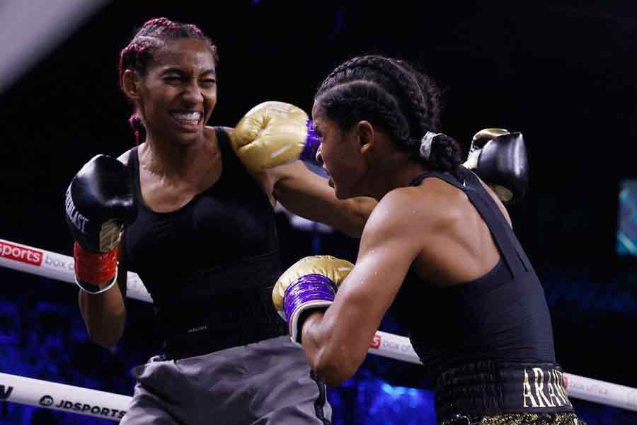 Ramla Ali in action against Crystal Garcia Nova at King Abdullah Sports City Arena in Jeddah on Saturday –Reuters photo