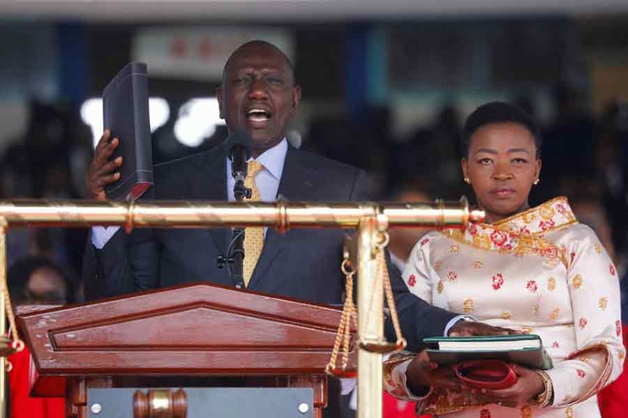 Kenya's incoming President William Ruto taking the oath of office during the official swearing-in ceremony at Moi International Stadium Kasarani in Nairobi on Tuesday –Reuters photo