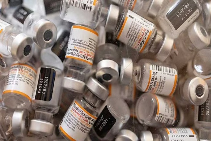 Empty vials of Pfizer-BioNTech coronavirus disease (COVID-19) children's vaccines are pictured at Skippack Pharmacy in Schwenksville, Pennsylvania, US, May 19, 2022. REUTERS/Hannah Beier