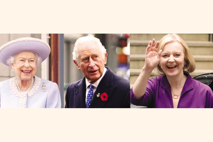 (From left) Late Queen Elizabeth II, new King Charles and new British PM Liz Truss