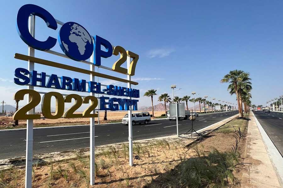 A view of a COP27 sign on the road leading to the conference area in Egypt's Red Sea resort of Sharm el-Sheikh town as the city prepares to host the COP27 summit next month –Reuters file photo