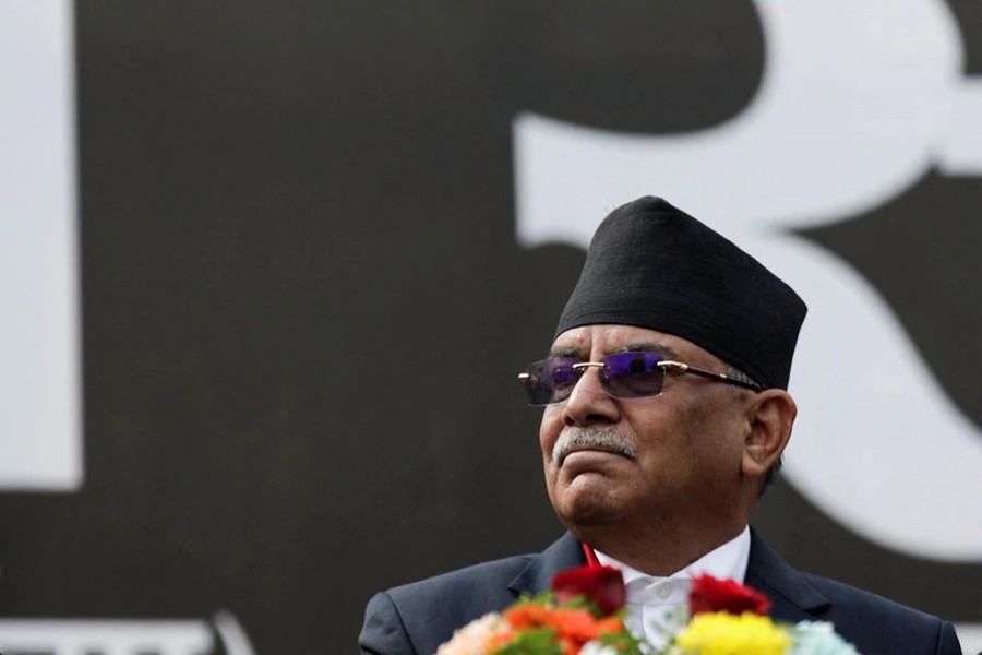 Pushpa Kamal Dahal, also known as Prachanda, takes part in a mass gathering against the dissolution of parliament, in Kathmandu, Nepal on February 10, 2021 — Reuters/Files