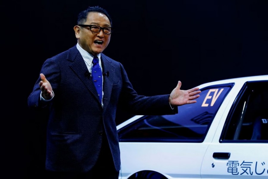 Toyota Motor Corp President Akio Toyoda gestures at an event for Toyota GAZOO Racing and LEXUS at Tokyo Auto Salon 2023 at Makuhari Messe in Chiba, east of Tokyo, Japan, Jan. 13, 2023. REUTERS/Kim Kyung-Hoon