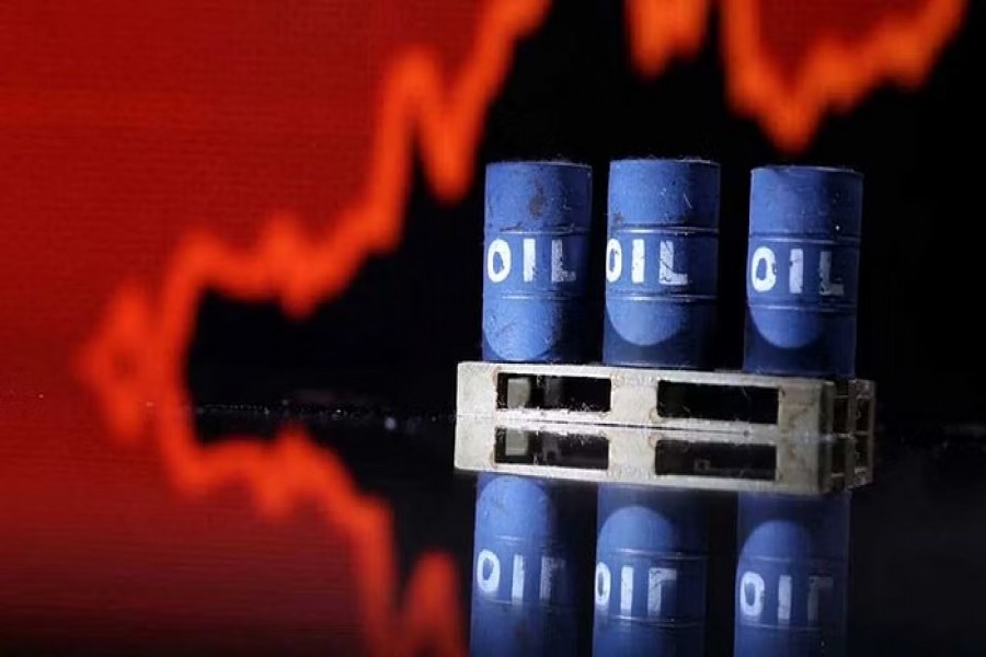 Model of Oil barrels are seen in front of rising stock graph in this illustration, July 24, 2022. REUTERS